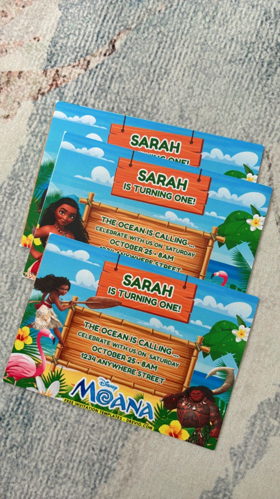 Tropical Moana birthday invitations featuring hibiscus flowers, sunset tones, and island-inspired typography