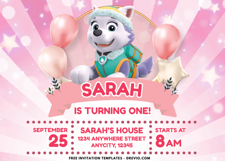 Sparkling Stars and Balloons Everest PAW Patrol Birthday Invitations