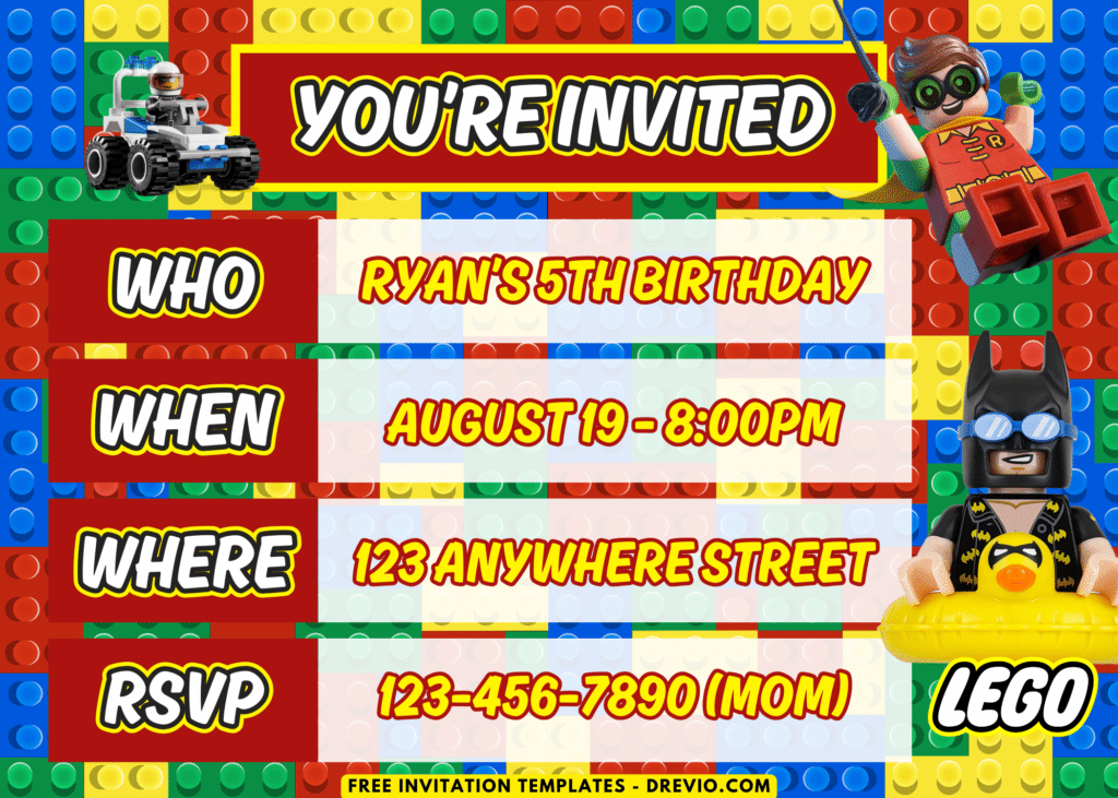 Building Block Lego Birthday Party Invitations