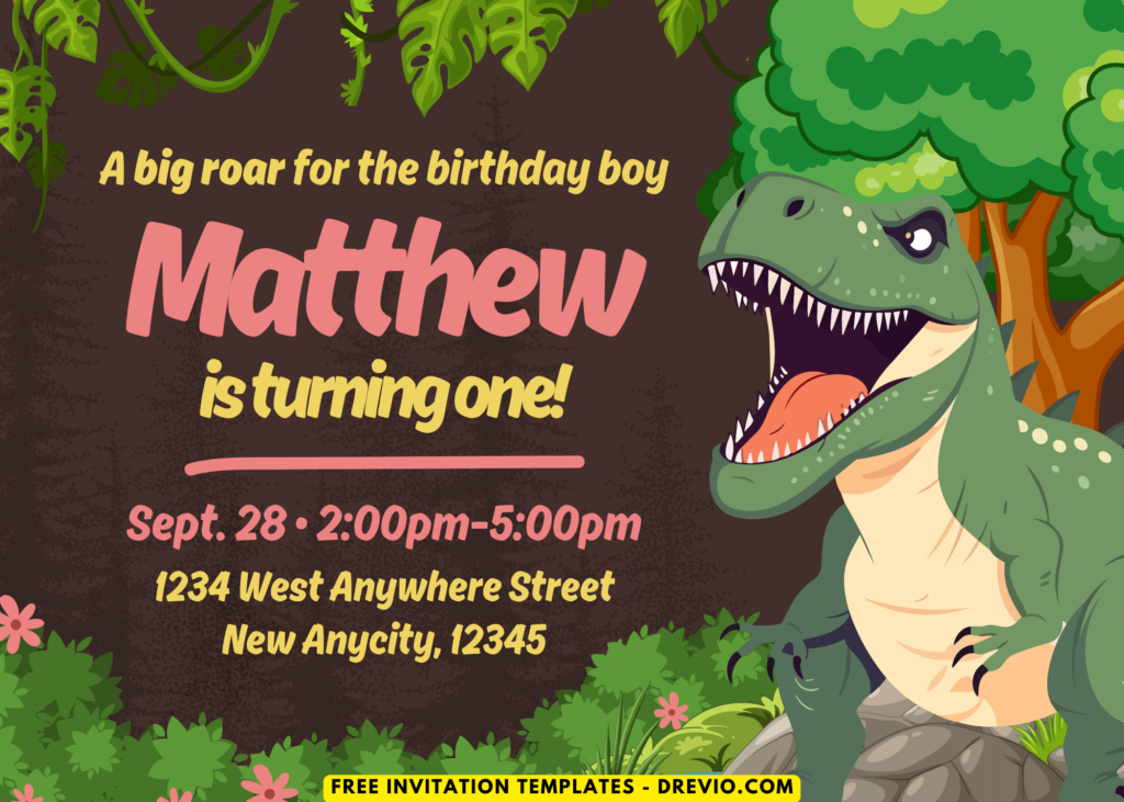 Roaring Jungle Dinosaur T-Rex Birthday Party Invitations