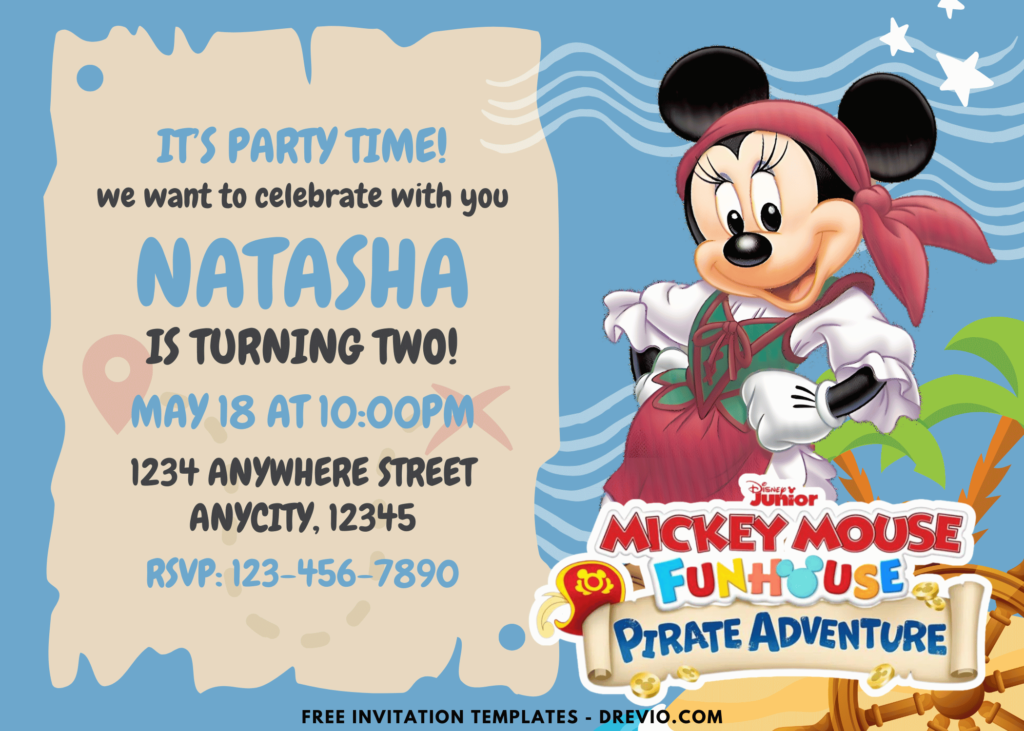 Minnie Mouse Funhouse Pirate Birthday Party Invitations
