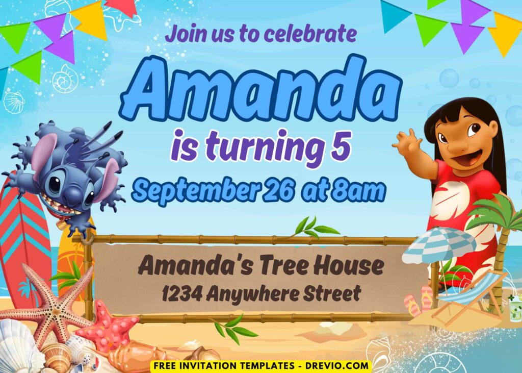 Hawaiian Hula Beach Lilo & Stitch Birthday Party Invitations