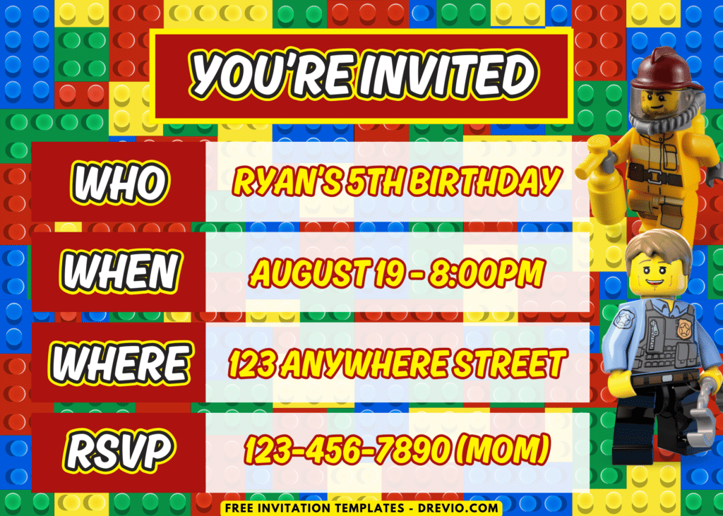Lego Birthday Firefighter and Police Officer Party Invitations