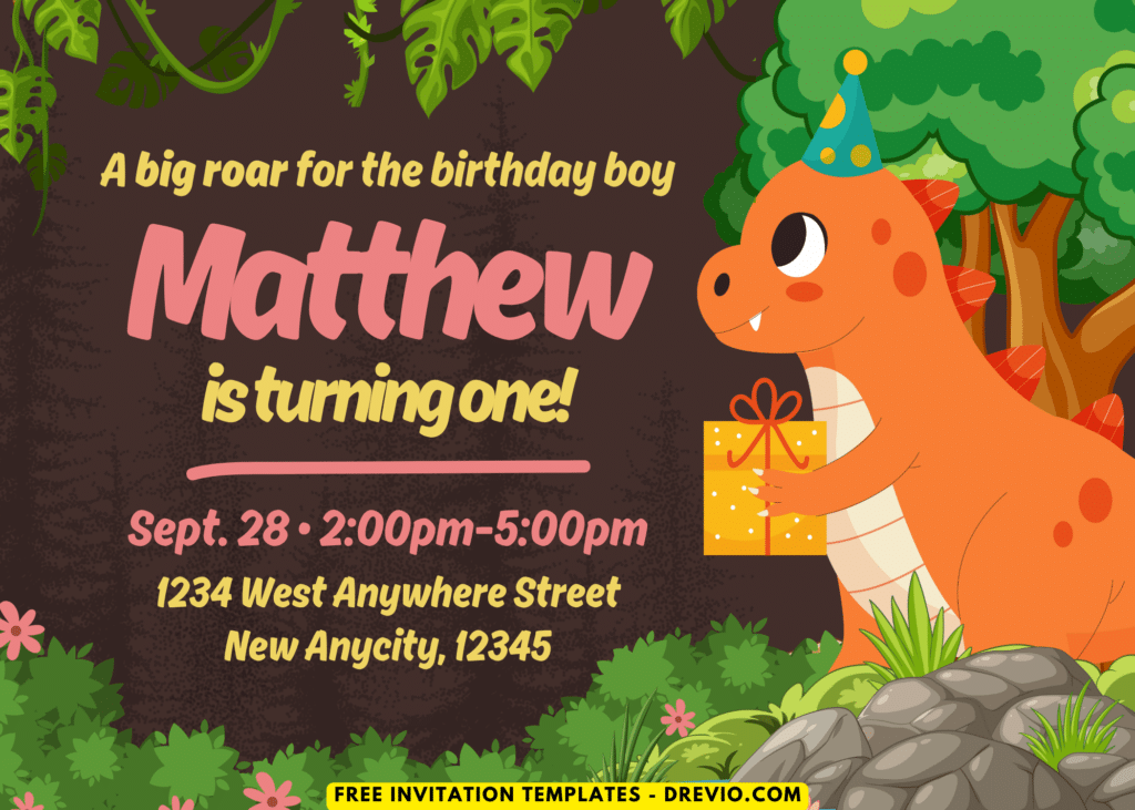 Cute Dense Jungle Dinosaur Birthday Party Invitations