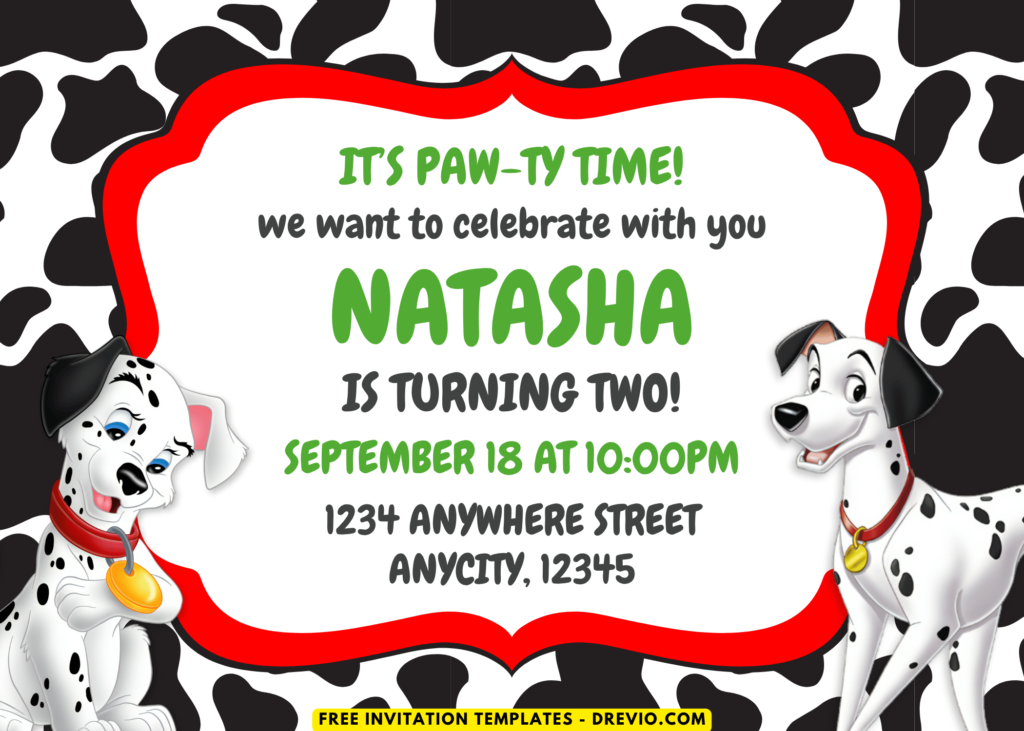 PAW-TY Time 101 Dalmatians Birthday Party Invitations