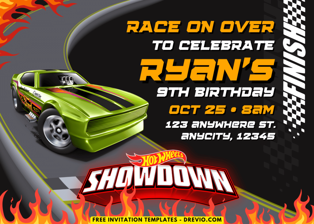 Hot Wheels Fiery Race Birthday Party Invitations