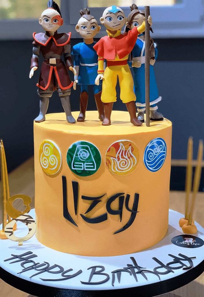 Avatar the last airbender birthday cake with Aang Katara and Sokka figurines