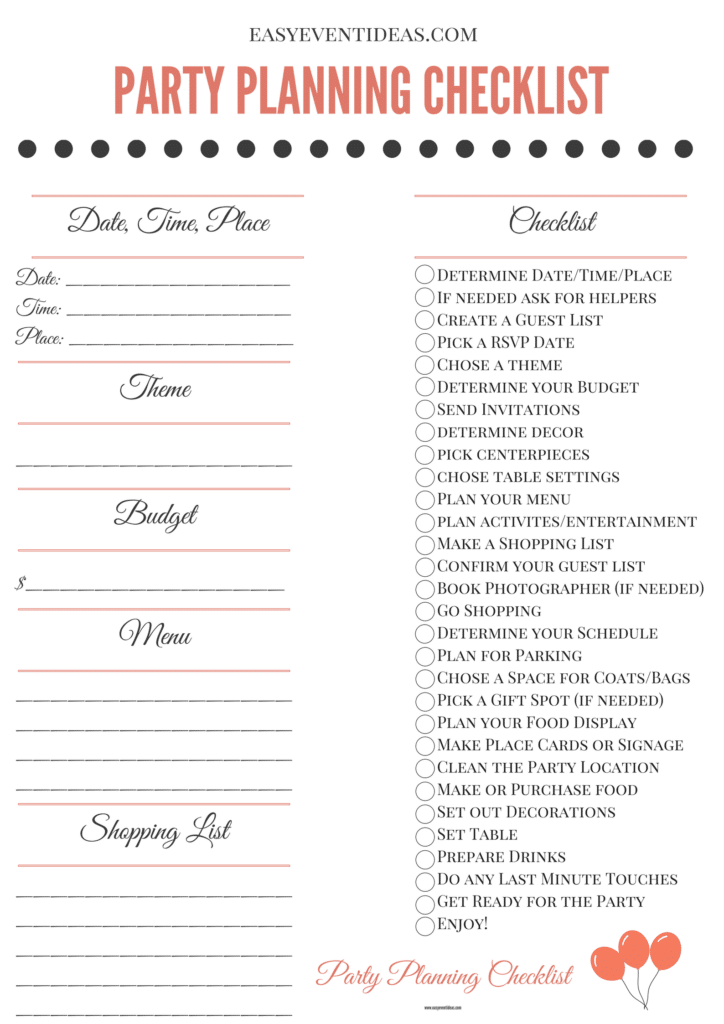 Printable Party Planning Checklist Template