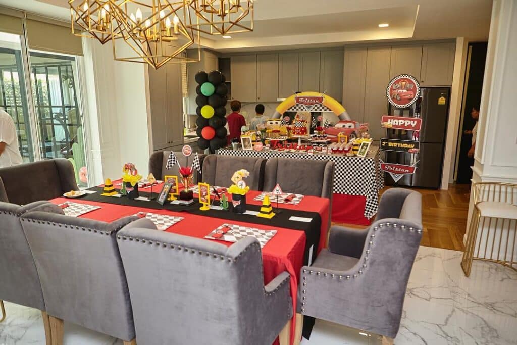 Living room setup for Cars Lightning McQueen Birthday Party