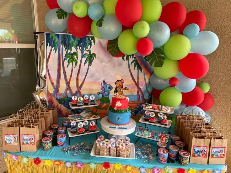 Colorful Balloon Garland decoration and Lilo cake topper