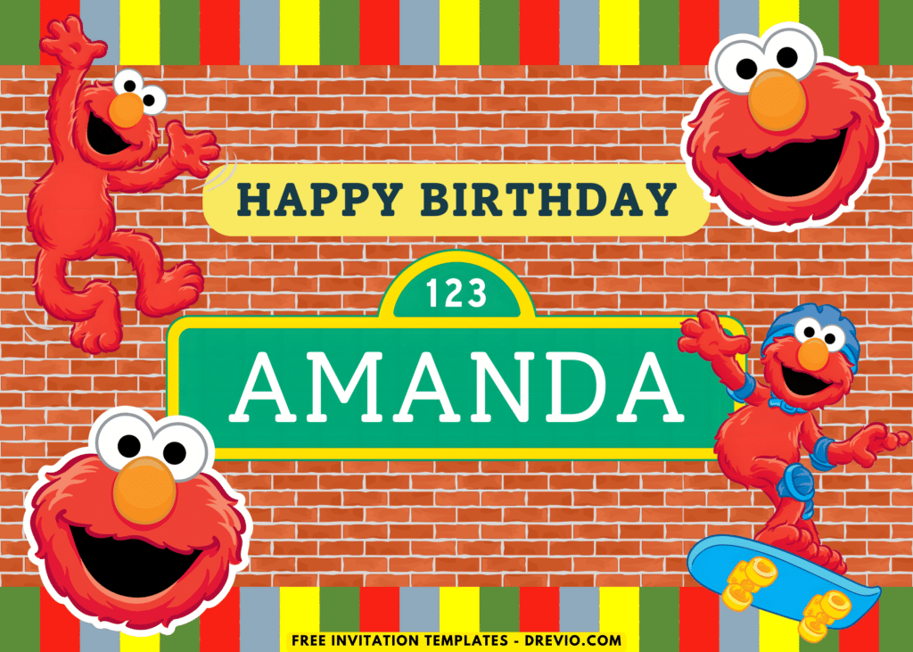 Elmo Birthday Party Backdrop Template with Brick wall background and colorful border