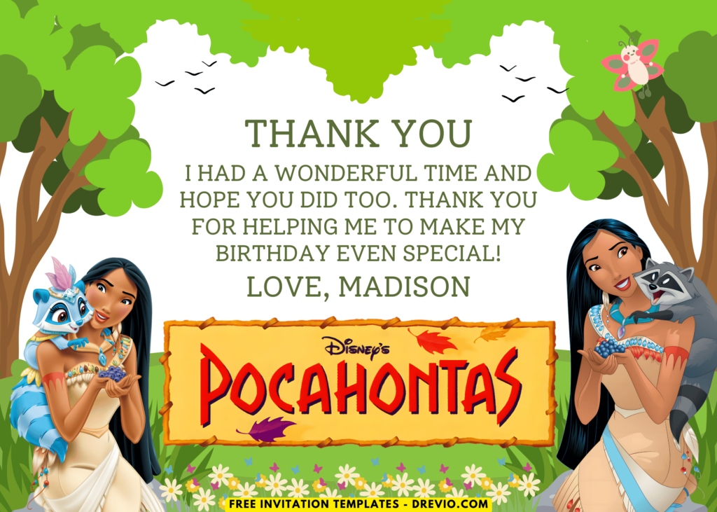 Disney Pocahontas Birthday (Free Canva Template) Feather And Forest Disney Pocahontas Birthday Thank You Card