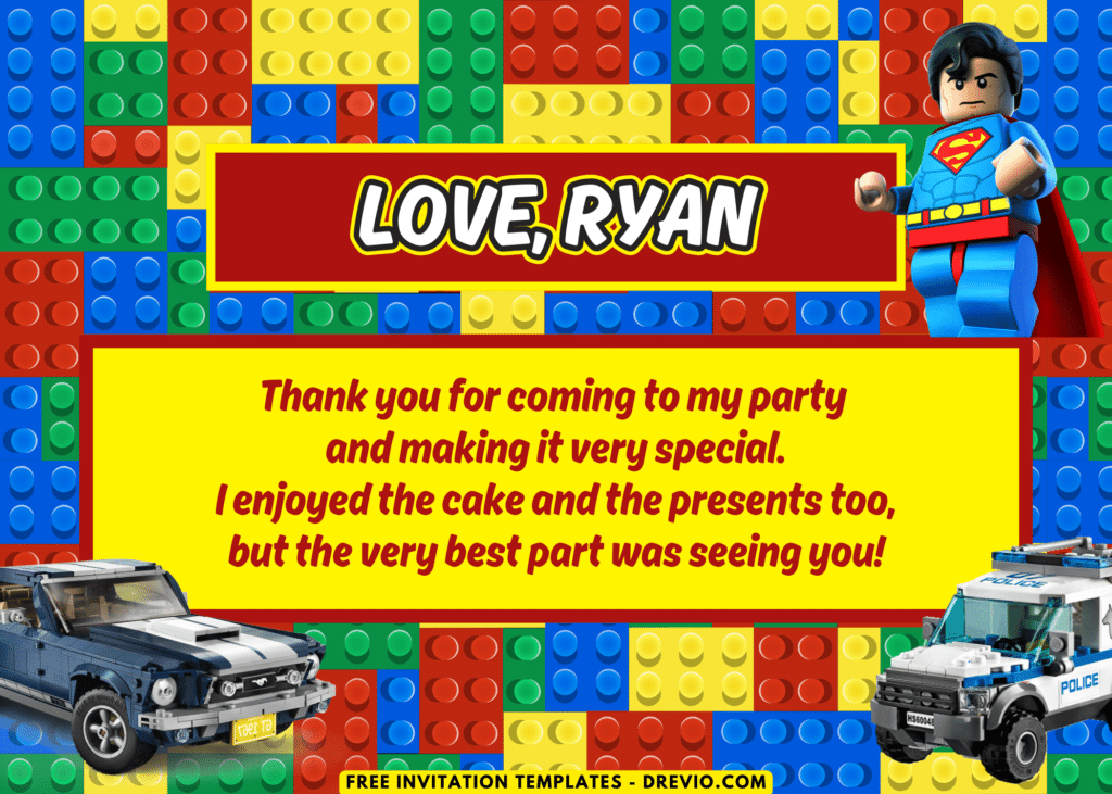 Lego Mustang and Police Car Birthday Party Thank You Card