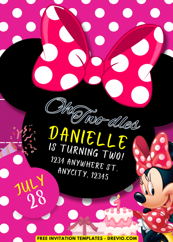 Adorable Minnie Mouse in Pink Polka Dot Dress Birthday Invitation