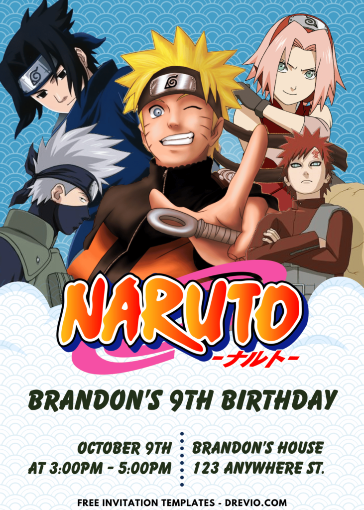 Naruto Sakura Sasuke Kakashi and Gara Birthday Invitation