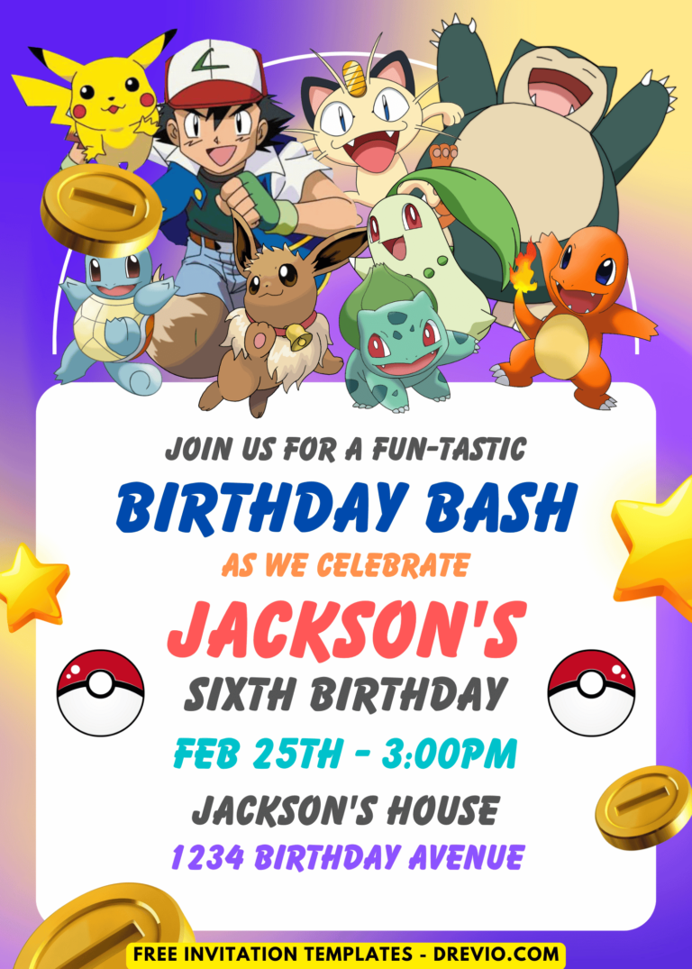 Pokemon Ash Pikachu Squirtle and friends Birthday Invitation