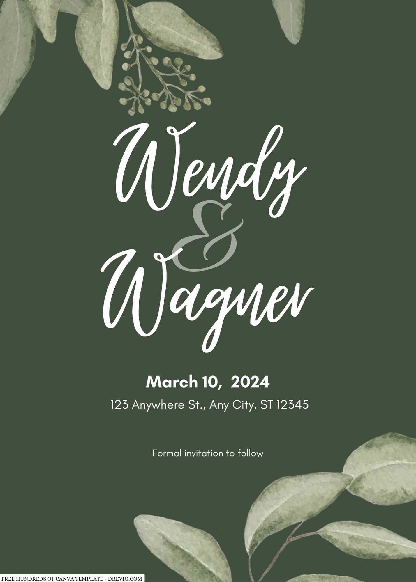 Fresh Watercolor Eucalyptus Wedding Invitation l Editable Canva Template