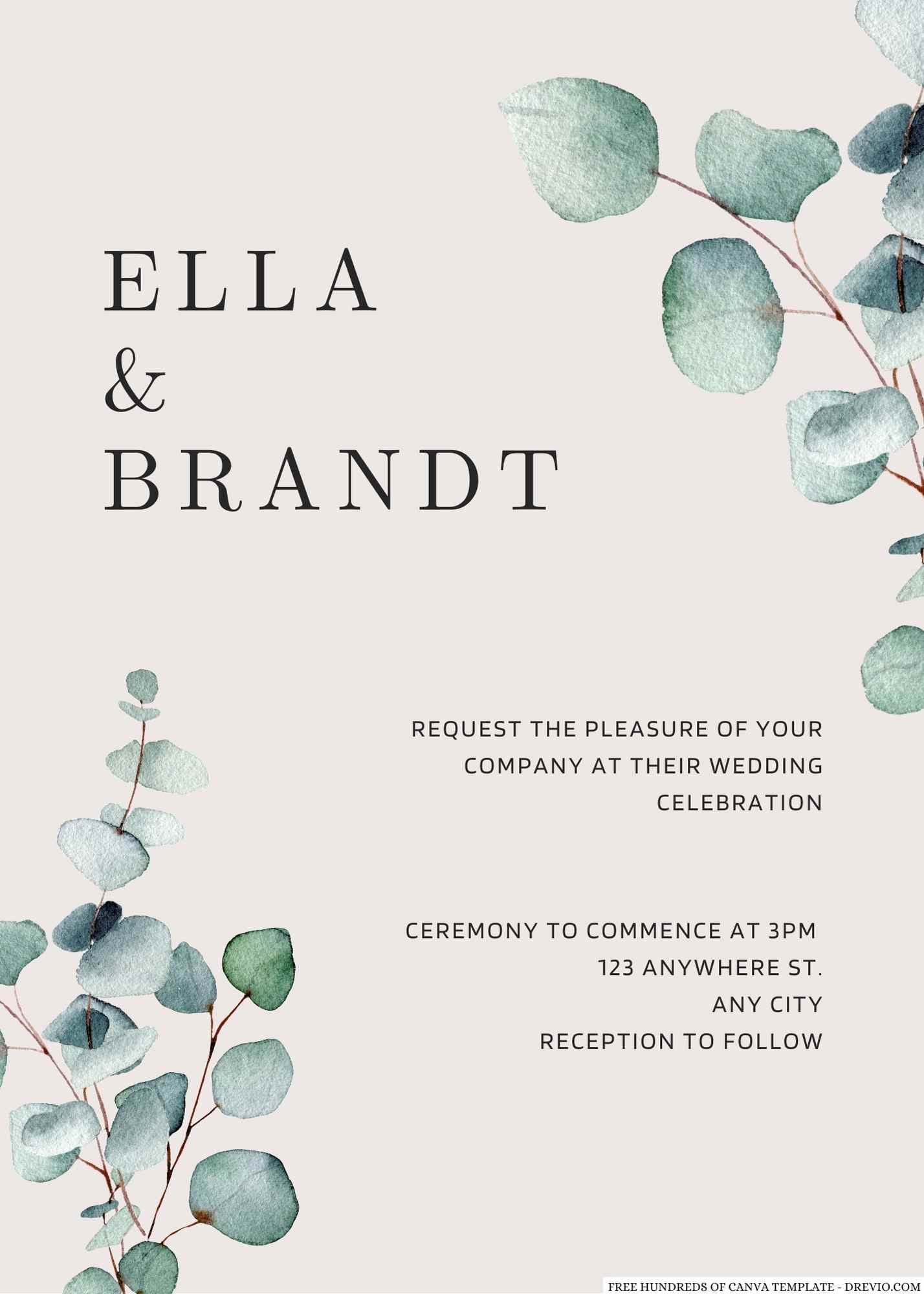 Eucalyptus Leaves Watercolor Wedding Invitations l Editable Canva Template