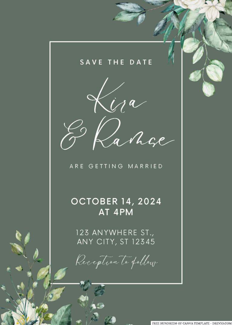 Green Leaves White Roses Wedding Invitations