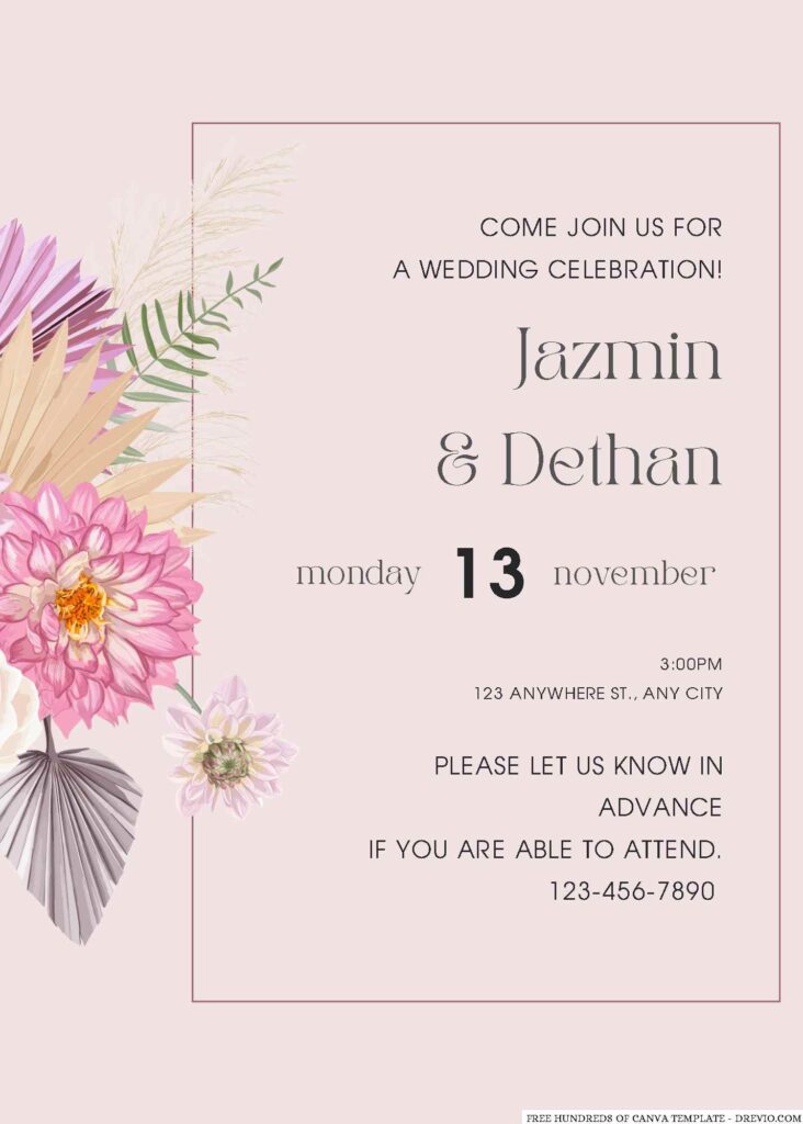 Dry Pink Floral Watercolor Wedding Invitations 
