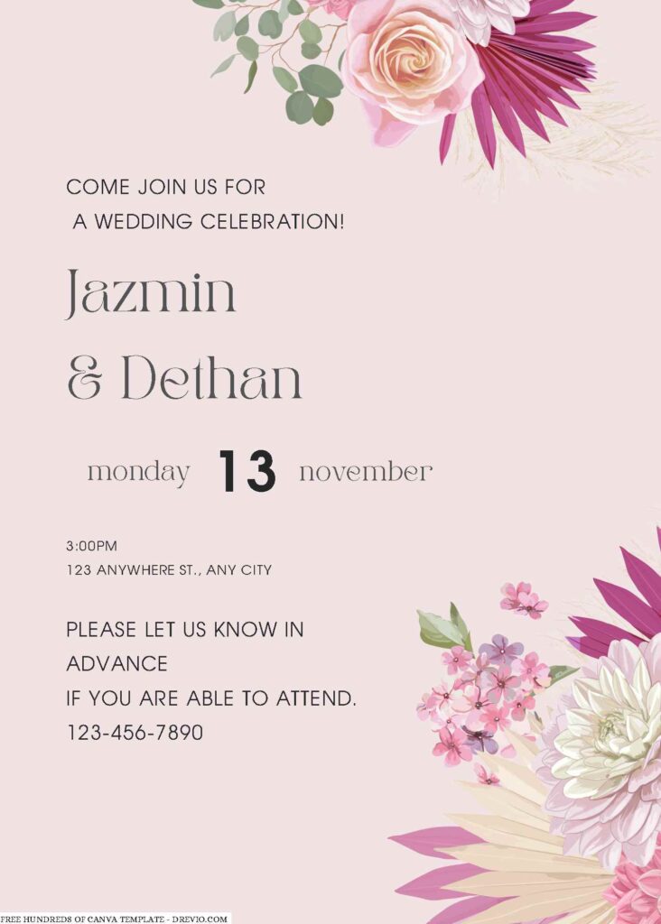Dry Pink Floral Watercolor Wedding Invitations 