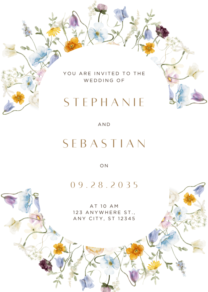 Gorgeous Wildflower and Magnolia flower wreath themed wedding invitation