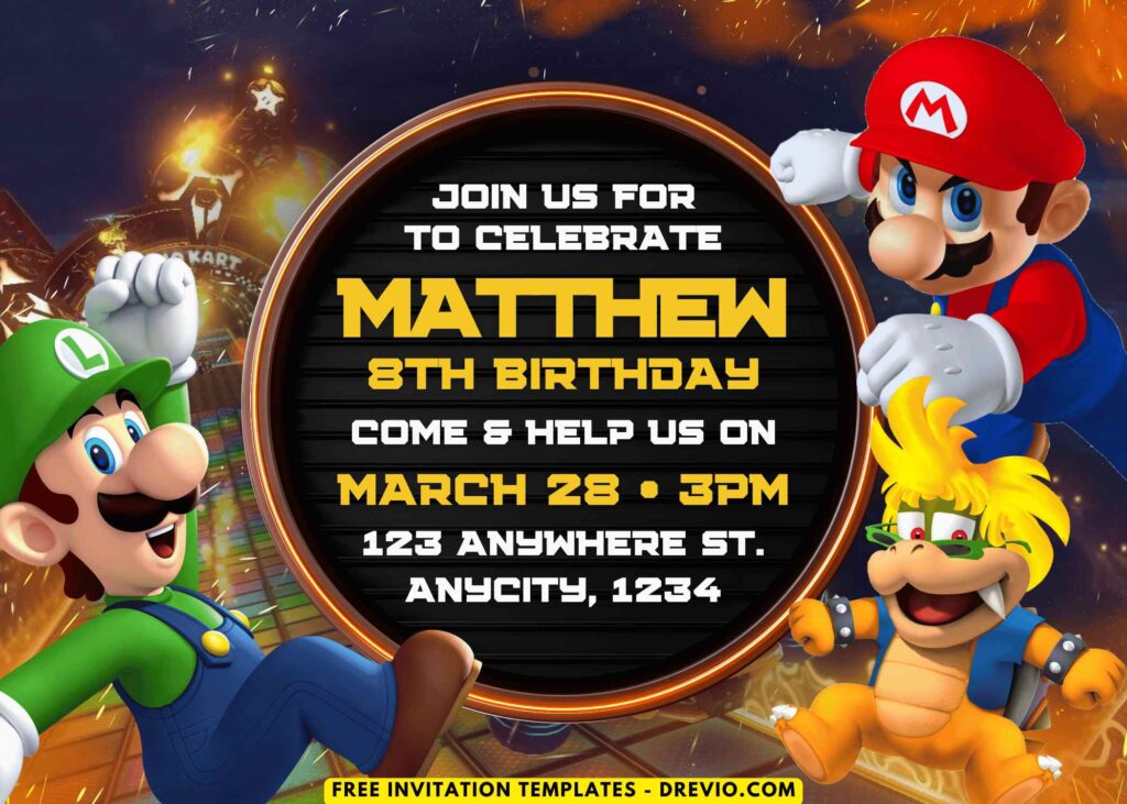 Mario and Luigi Kart Race Birthday Party Invitations