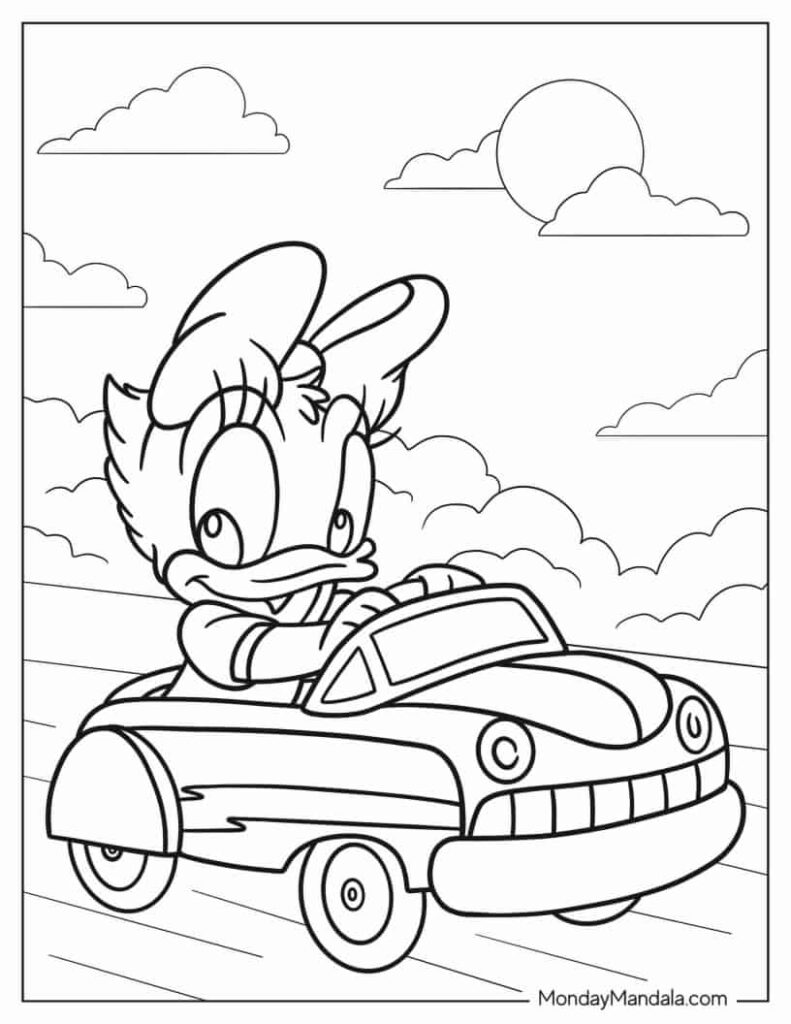 Cute Daisy Duck Riding Car Coloring Pages Templates