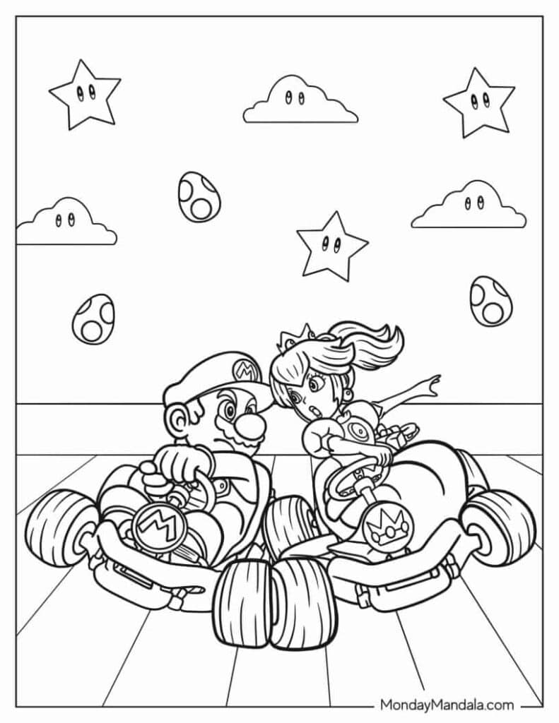 Lovely Princess Peach and Mario Kart Coloring Pages Templates