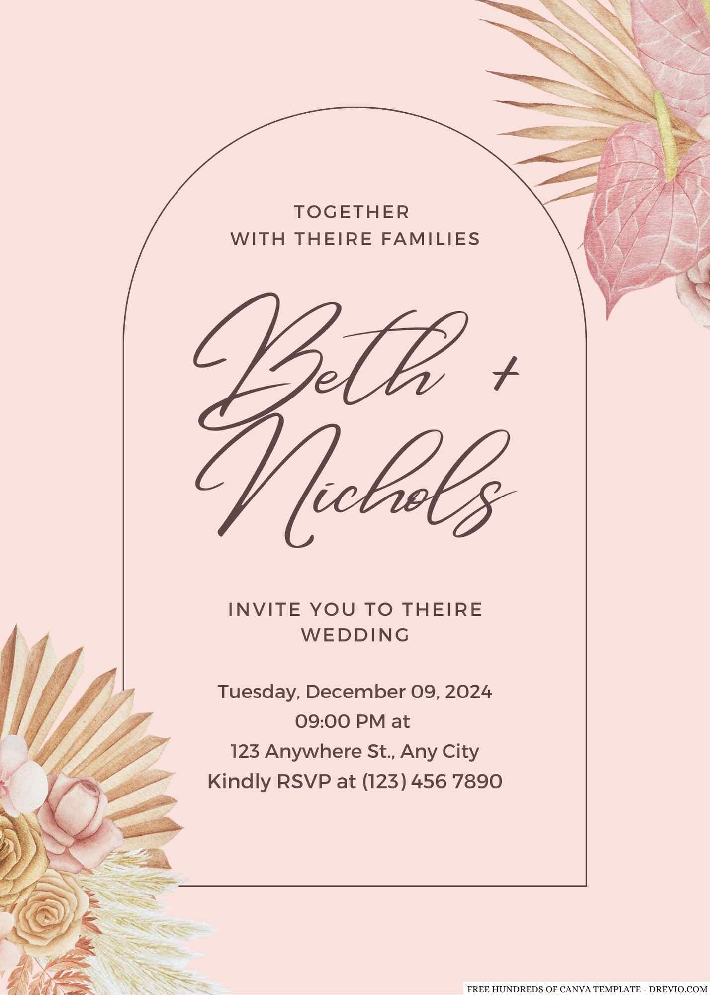 Watercolor Boho Tropical Wedding Invitation l Editable Canva Template
