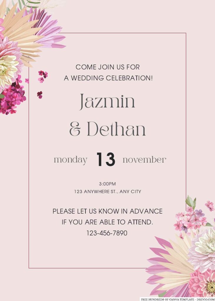 Dry Pink Floral Watercolor Wedding Invitations 