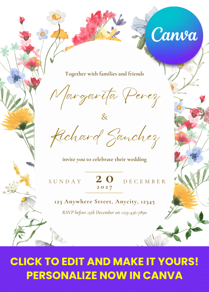 Free Editable Canva | Wildflower Wedding Invitation | Editable Canva Template