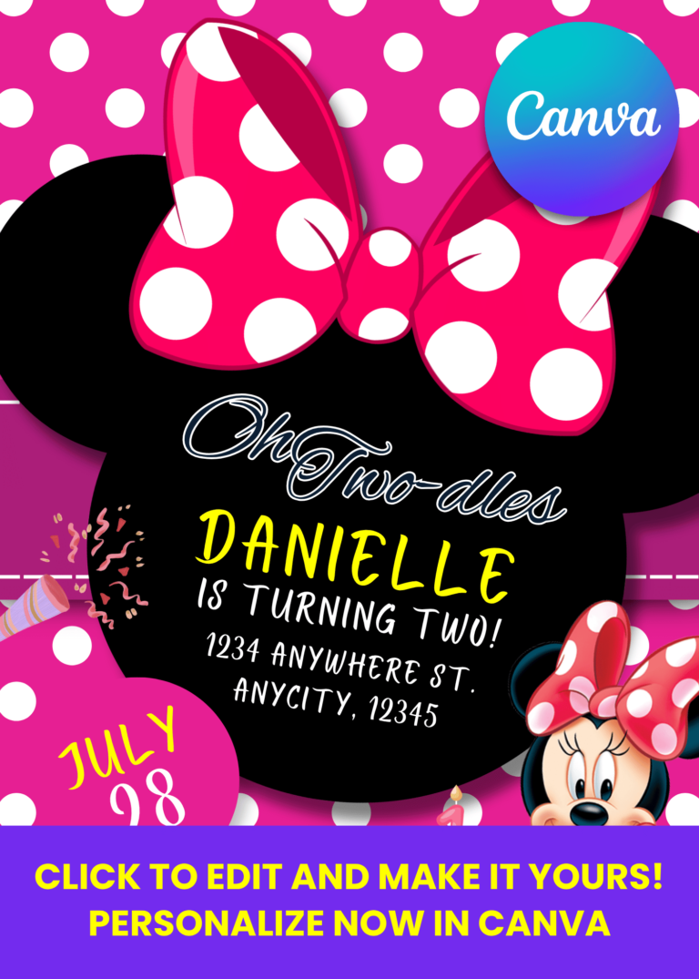 Free Editable Canva | Minnie Mouse Birthday Invitation | Instant Download
