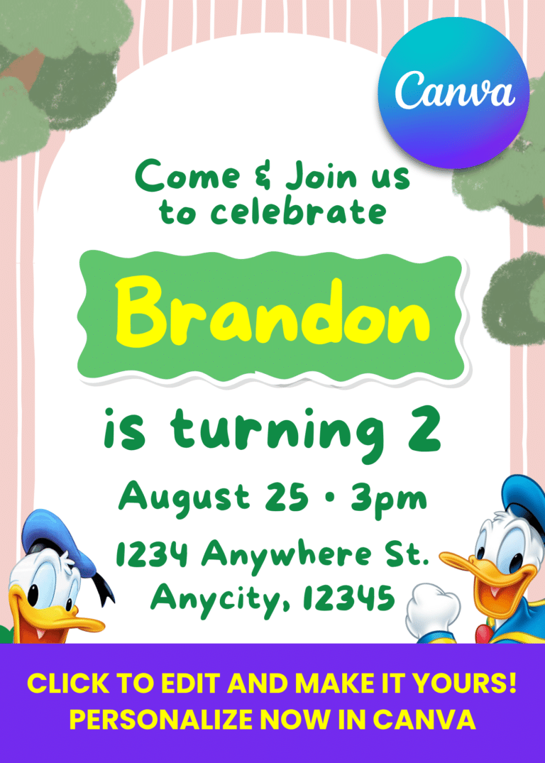 Free Editable Canva | Adorable Donald Duck Birthday Invitation | Instant Download