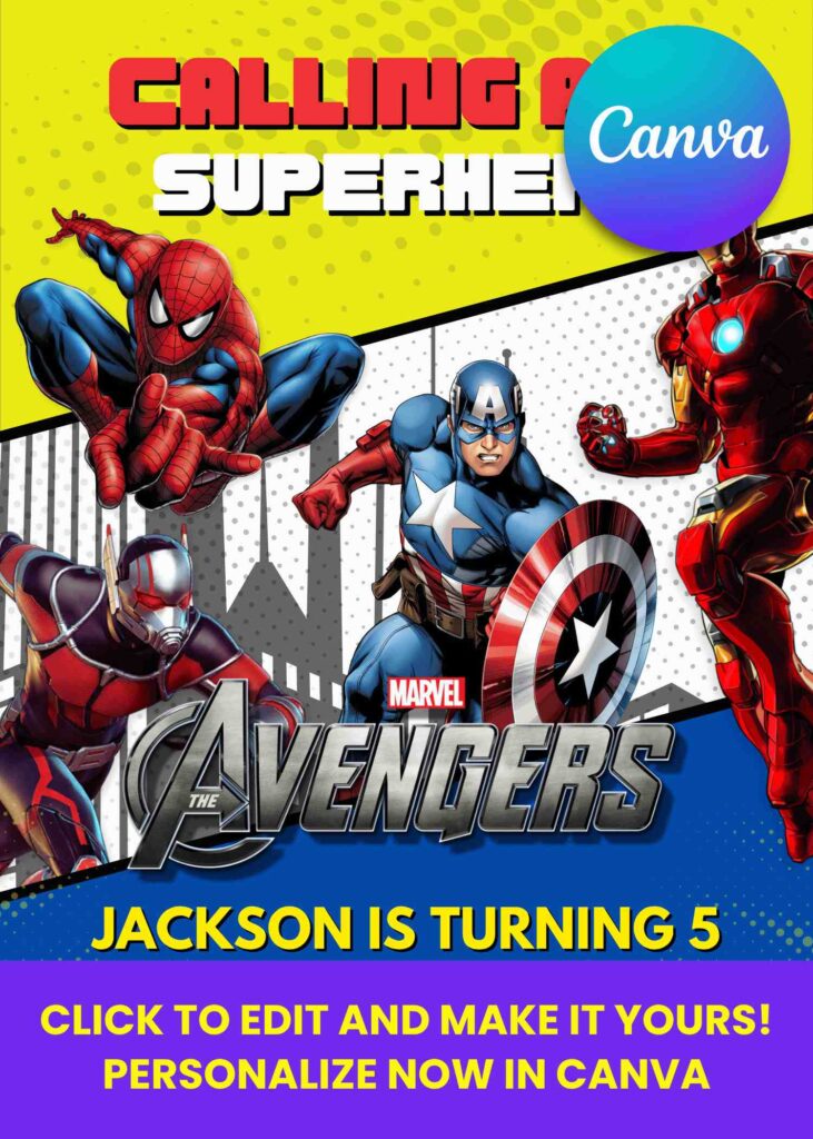 Free Editable Canva | Marvel Avengers Spiderman Captain America Ant-Man and Iron Man Birthday Invitation