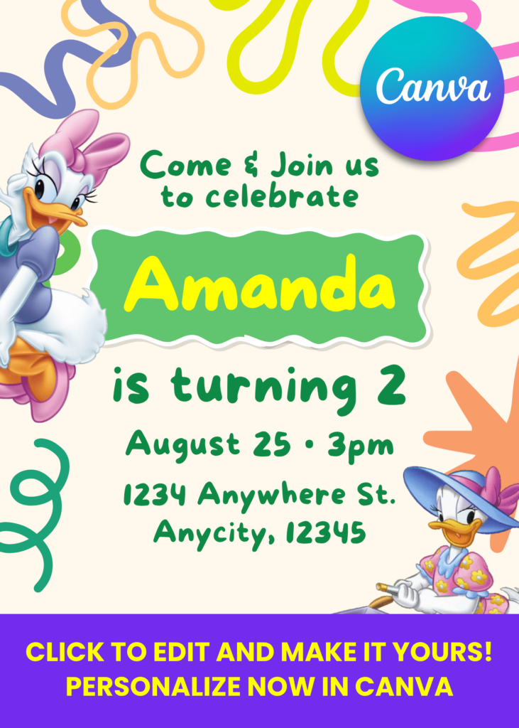 Free Editable Canva | Daisy Duck Birthday Invitation | Instant Download