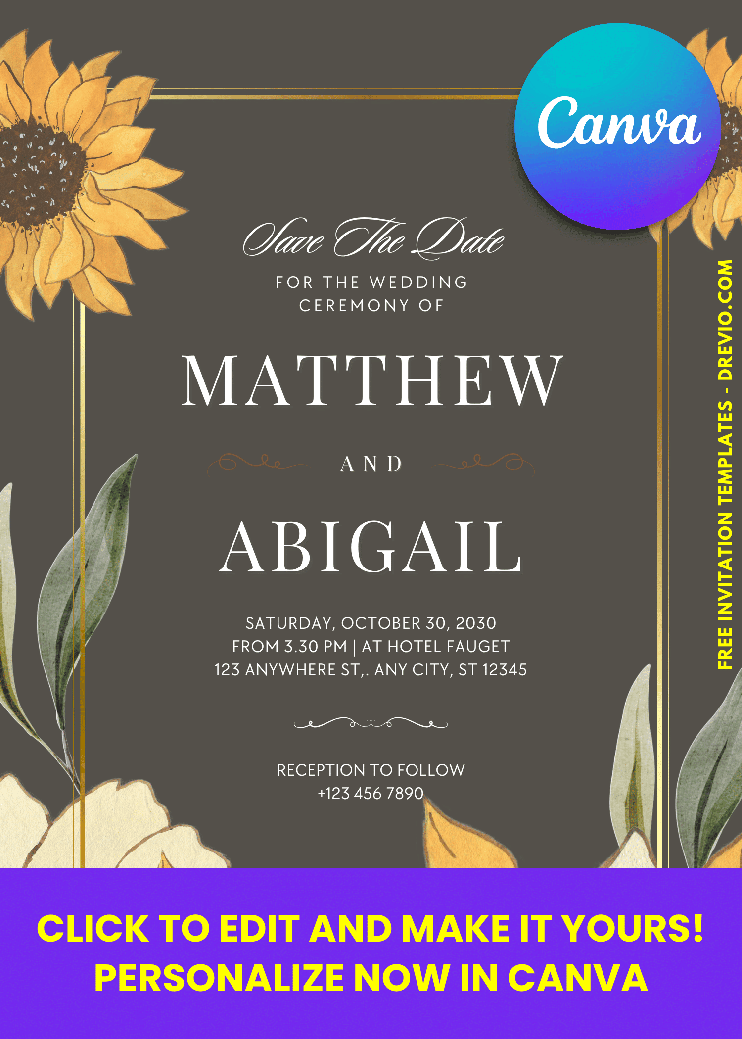Sunflower Autumn Floral Wedding Invitation | Editable Canva