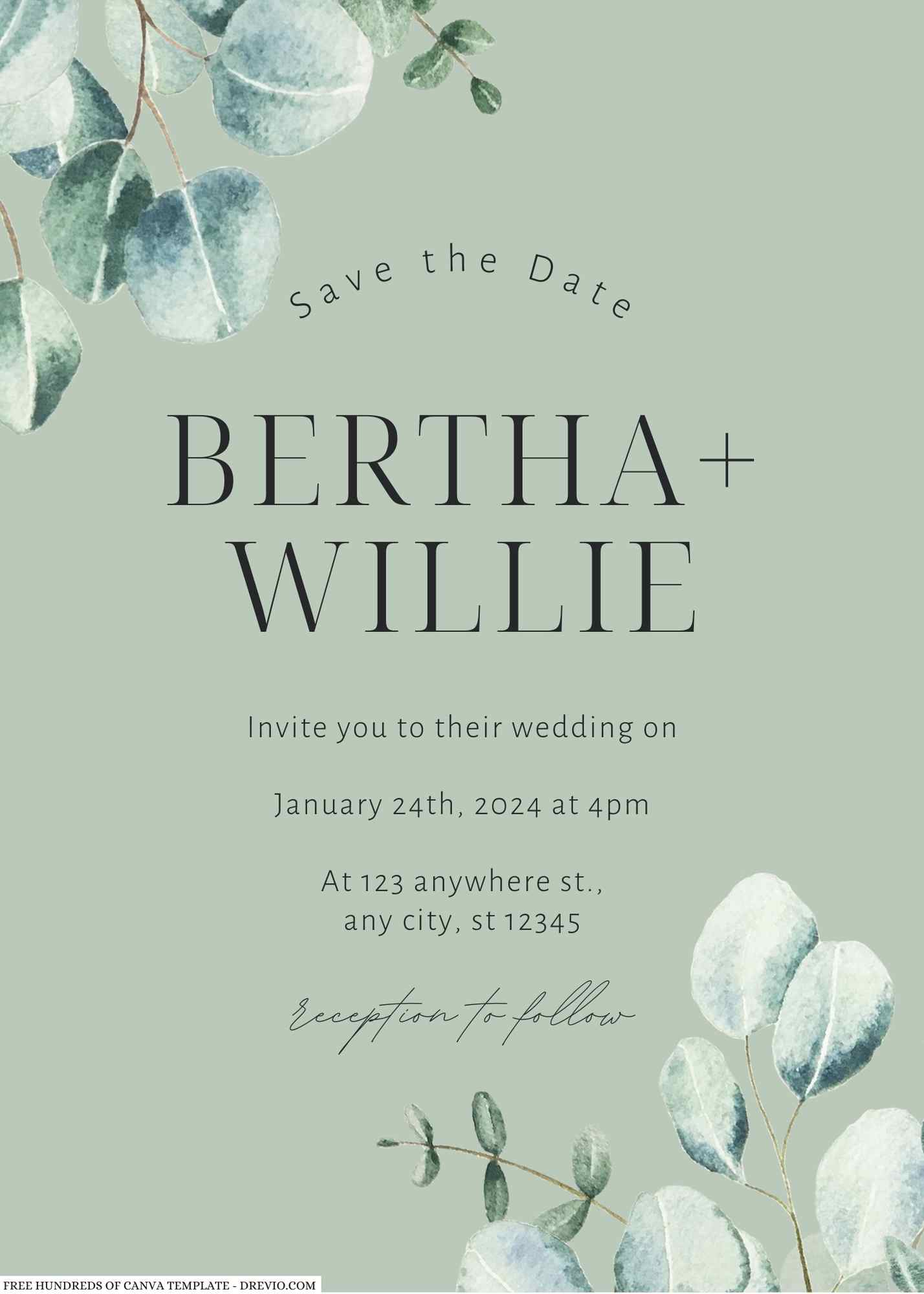 Eucalyptus Watercolor Wedding Invitations l Editable Canva Template