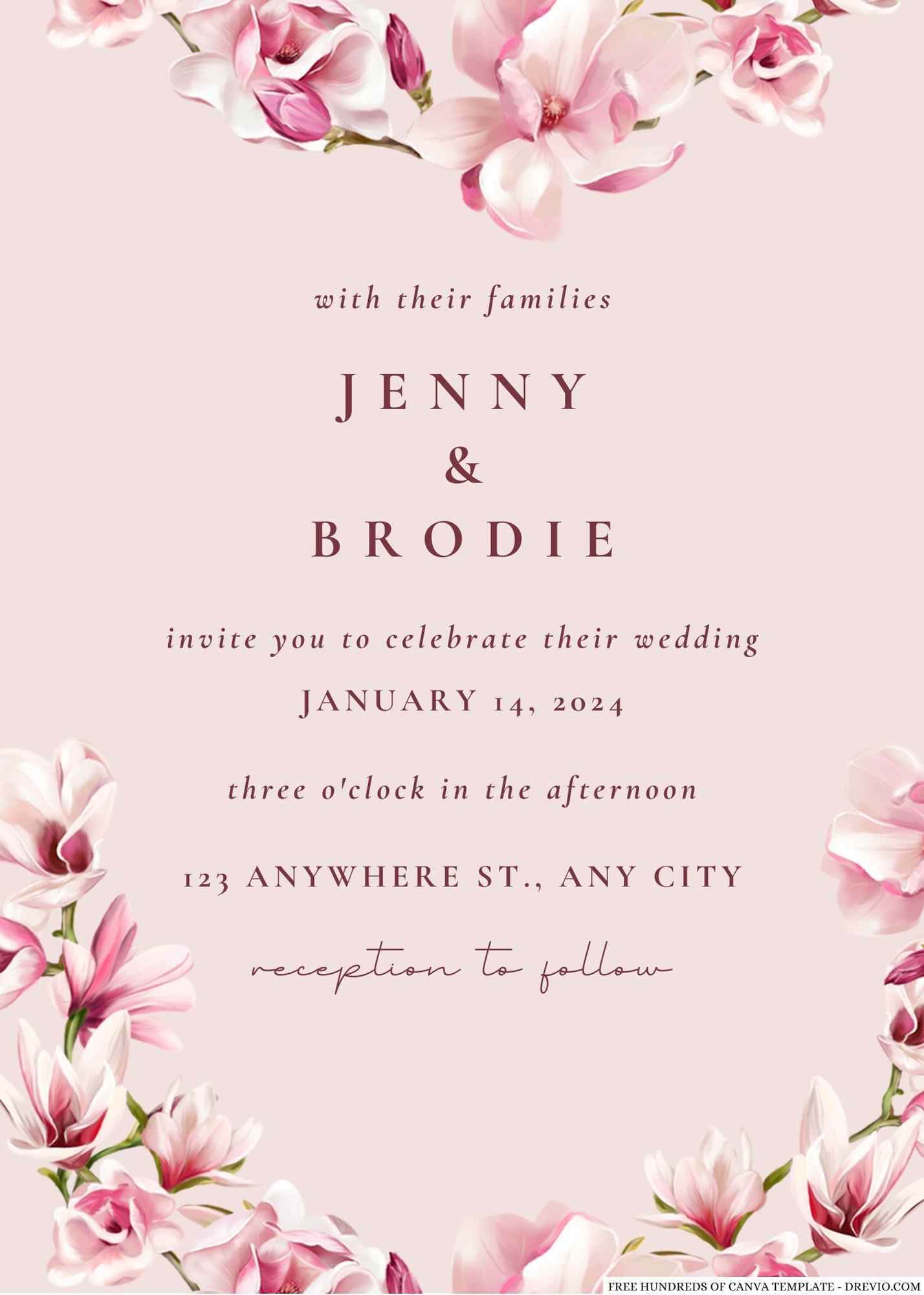 Pink Magnolia Watercolor Wedding Invitation l Editable Canva Template