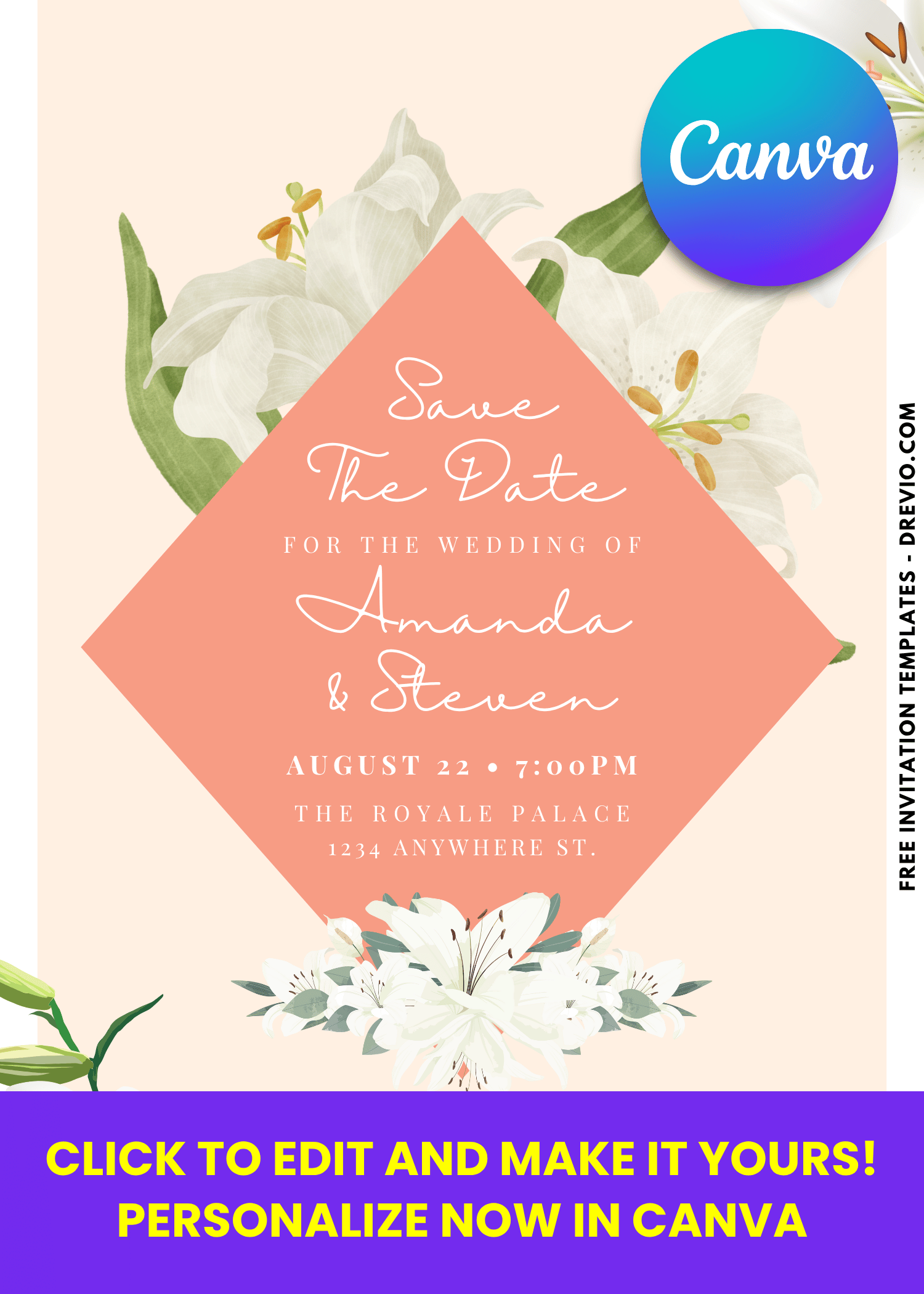 Garden Lily Wedding Invitation – Editable Canva Template