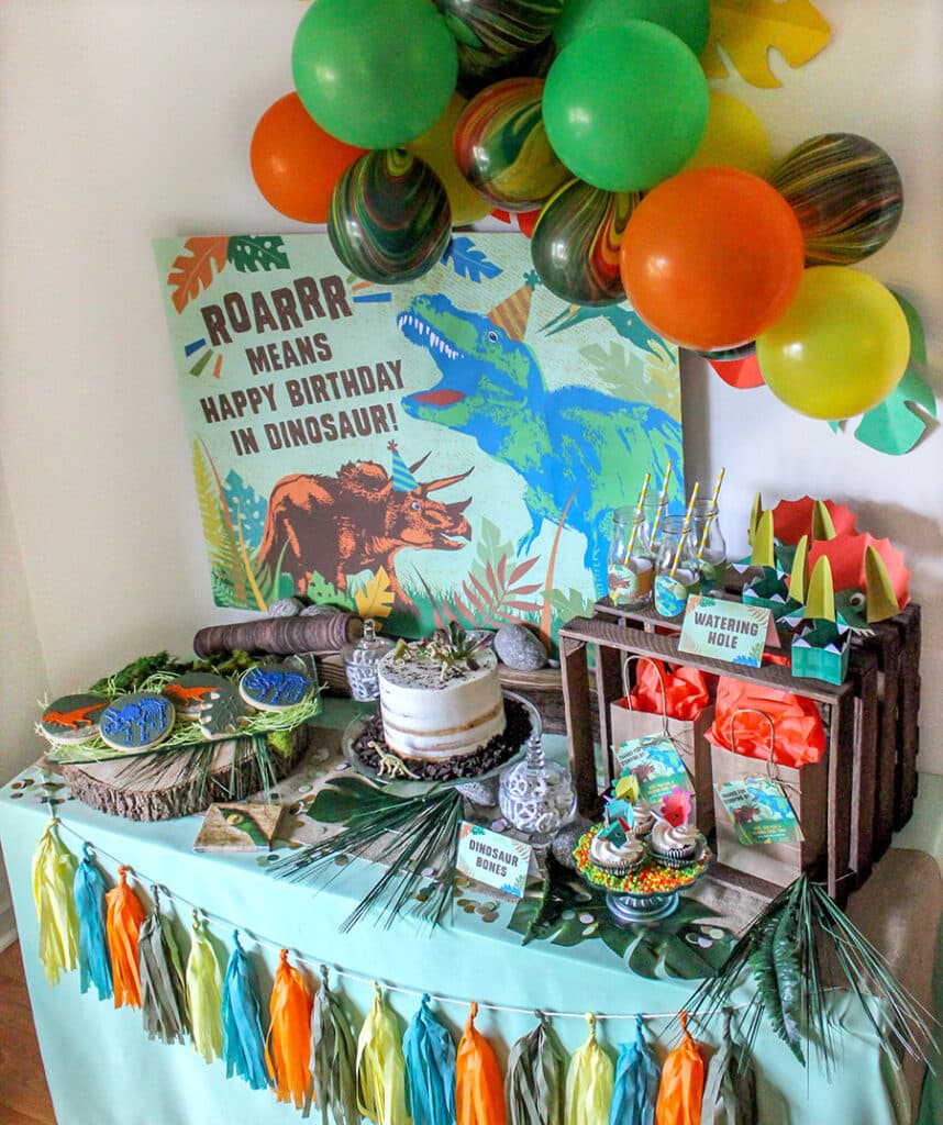 Cute Dinosaur Themed Paper Bags, Plates, Napkins and Table centerpiece