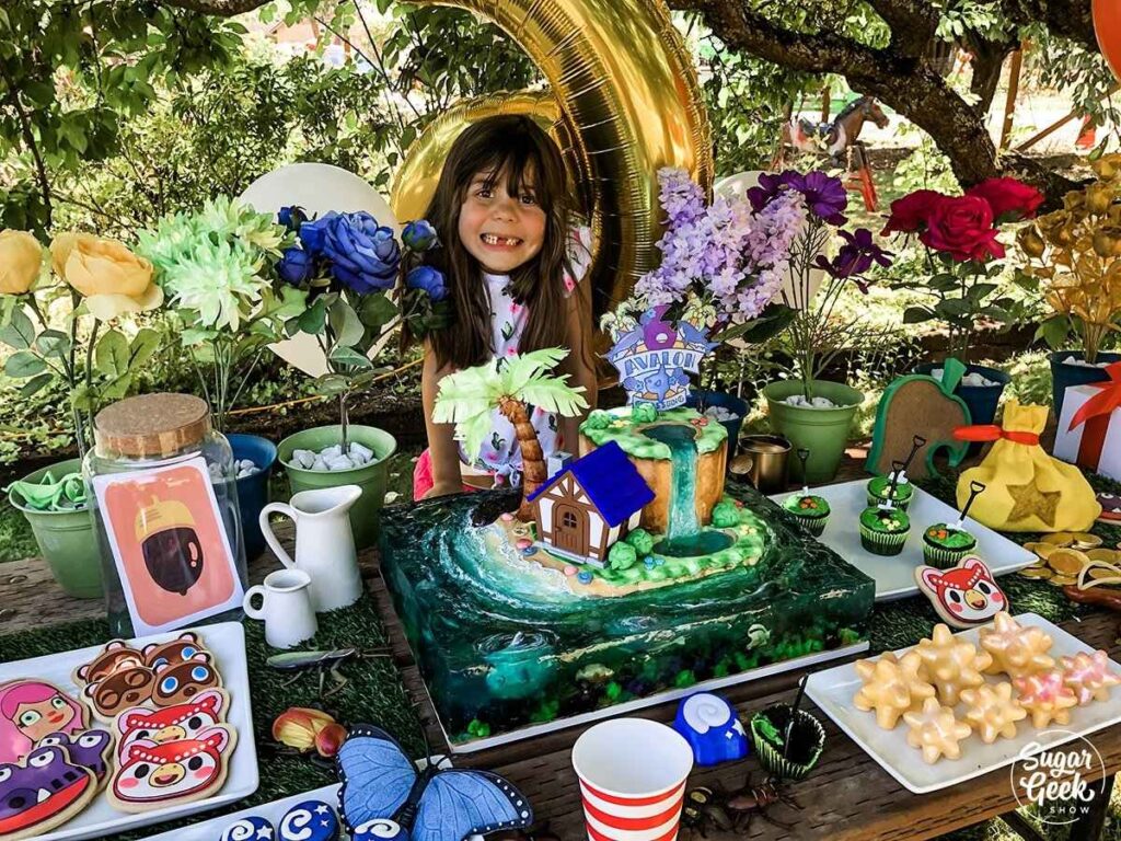 Little Girl Celebrate her birthday in the backyard with Animal Crossing birthday party theme