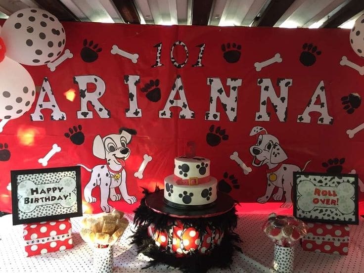 Adorable 101 Dalmatians Party Backdrop with dog bone and dog prints