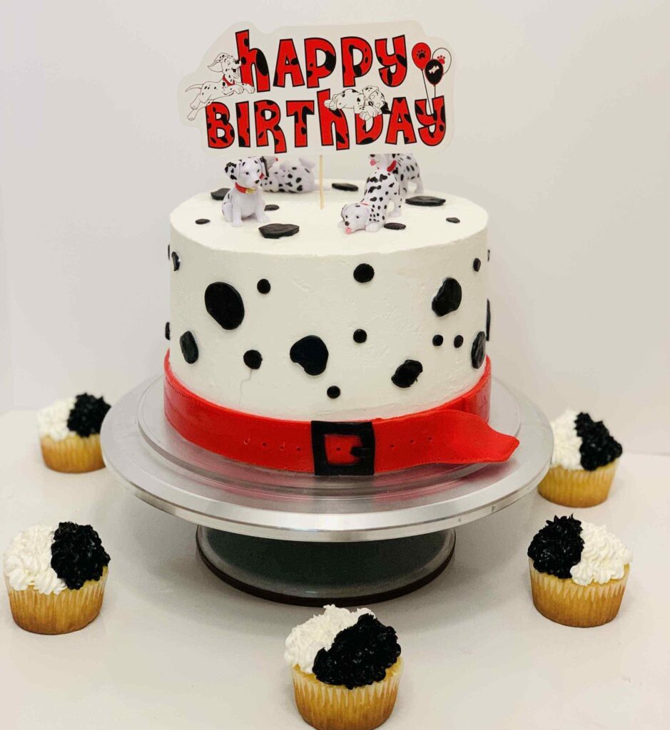 101 Dalmatians Birthday Cake with white base fondant and red dog leash
