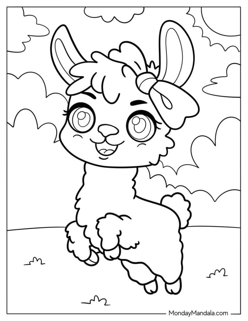 Baby Llama with Big eyes and cute headband Coloring Pages Templates