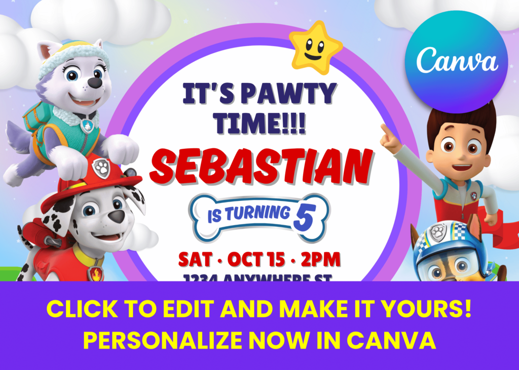 Free Editable Canva PAW Patrol Birthday Party Invitation with Chase Ryder Marshall and Everest