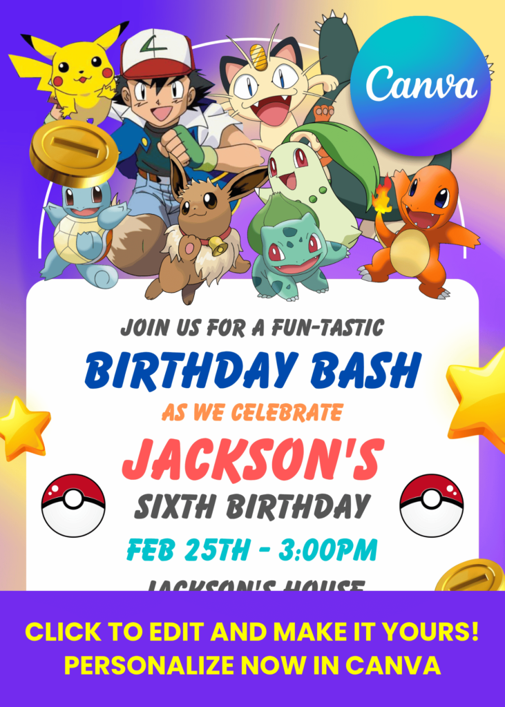 Free Editable Canva | Pokemon Birthday Invitation | Instant Download