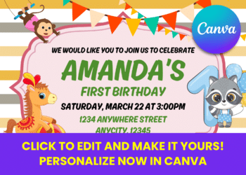 Free Editable Canva Wild One Jungle Animal Party Invitation with Baby Monkey, Giraffe and Koala