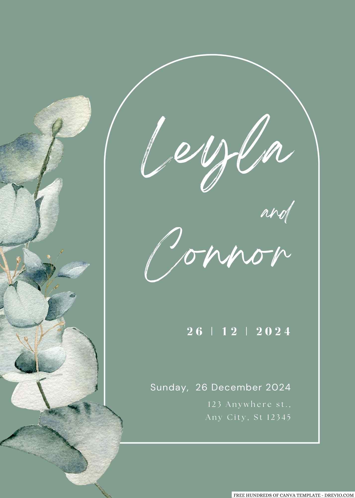 (FREE Canva Template) Watercolor Eucalyptus Bouquet Wedding Invitations