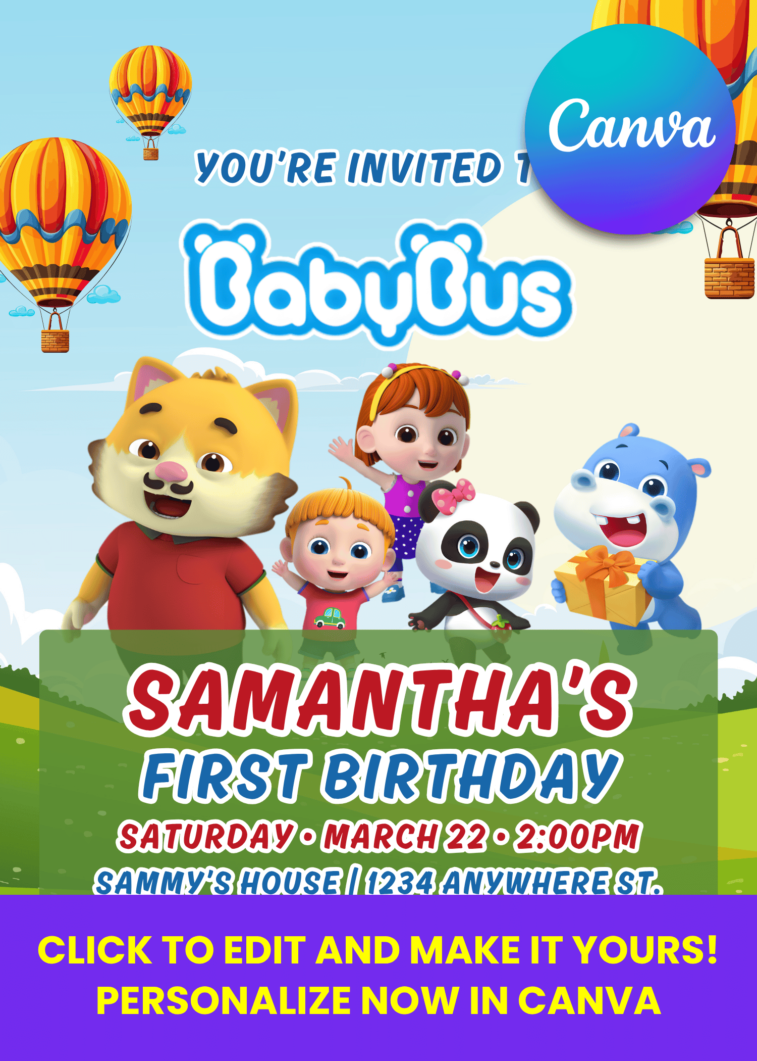 BabyBus Wonderland Birthday Invitation | Editable Canva Template